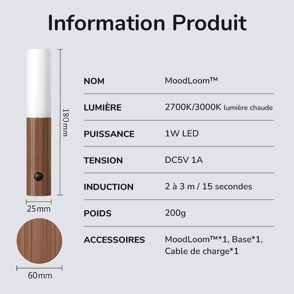 Applique murale et/ou veilleuse portative LED en Bois MoodLoom™ avec Détecteur de Mouvement