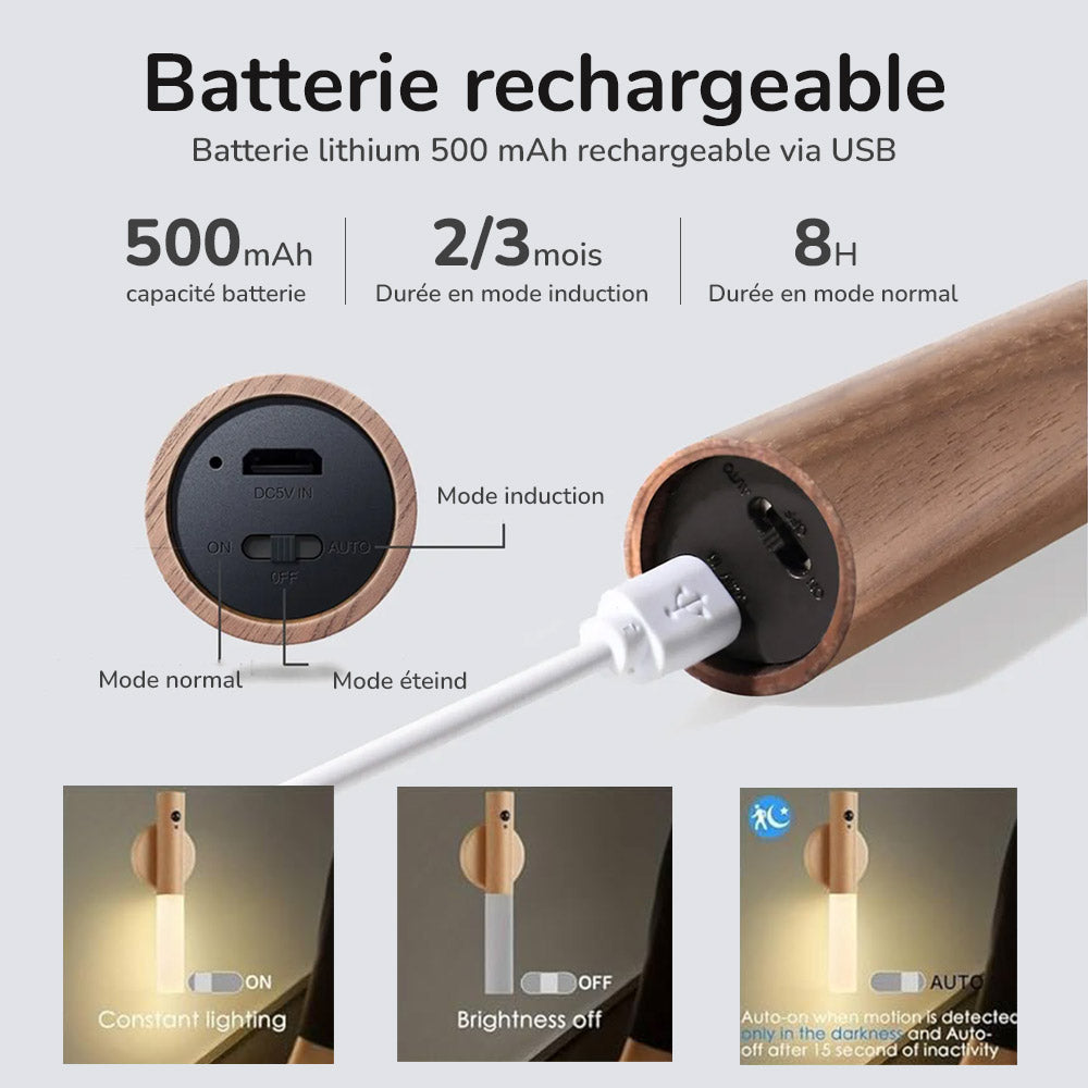 Applique murale et/ou veilleuse portative LED en Bois MoodLoom™ avec Détecteur de Mouvement